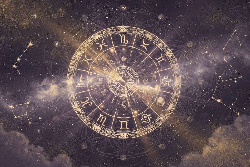 Astrologisches Rad mit den zwölf Tierkreiszeichen und Mars-Symbol in der Mitte, das Energie und Leidenschaft symbolisiert.