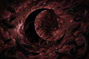 Mystisches Astrologie-Symbol der Schwarzen Mondin Lilith mit energetischen Linien und kosmischen Elementen im dunklen Hintergrund.