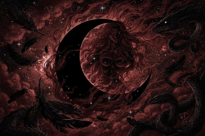 Mystisches Astrologie-Symbol der Schwarzen Mondin Lilith mit energetischen Linien und kosmischen Elementen im dunklen Hintergrund.