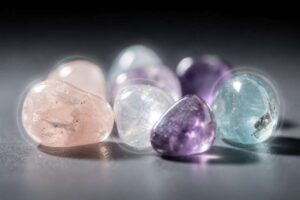 Verschiedenfarbige Heilkristalle und Mineralien liegen auf einer weißen Oberfläche neben einem schlafenden Neugeborenen.