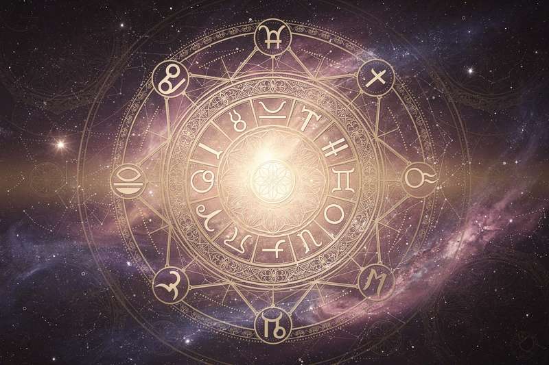 Astrologische Symbole und Tierkreiszeichen vor mystischem Hintergrund deuten auf wöchentliche kosmische Einflüsse hin.