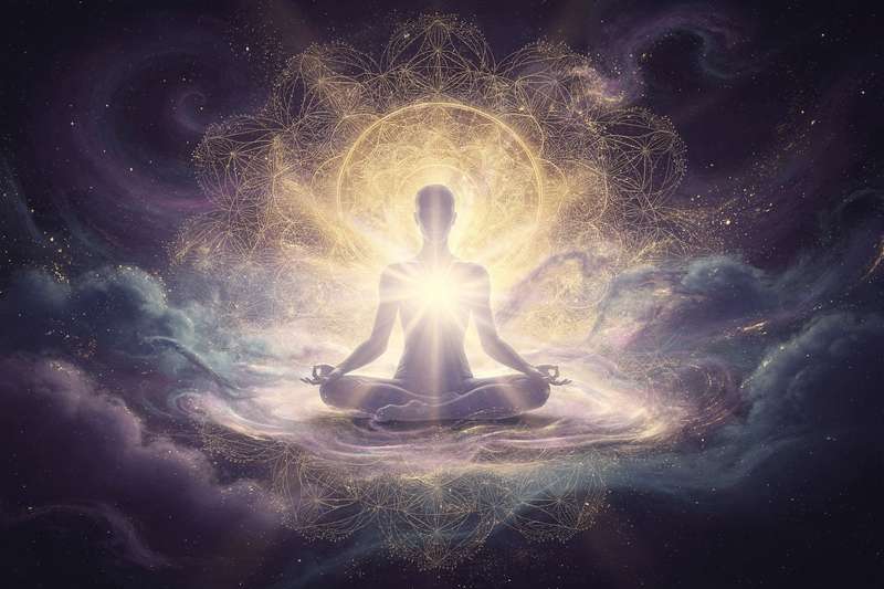 Frau mit geschlossenen Augen in meditativer Haltung, umgeben von sanftem goldenem Licht und Schutzaura.