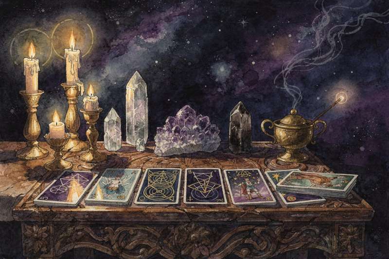 Tarotkarten arrangiert in einem magischen Kreis als Symbole für Manifestation und persönliche Transformation.