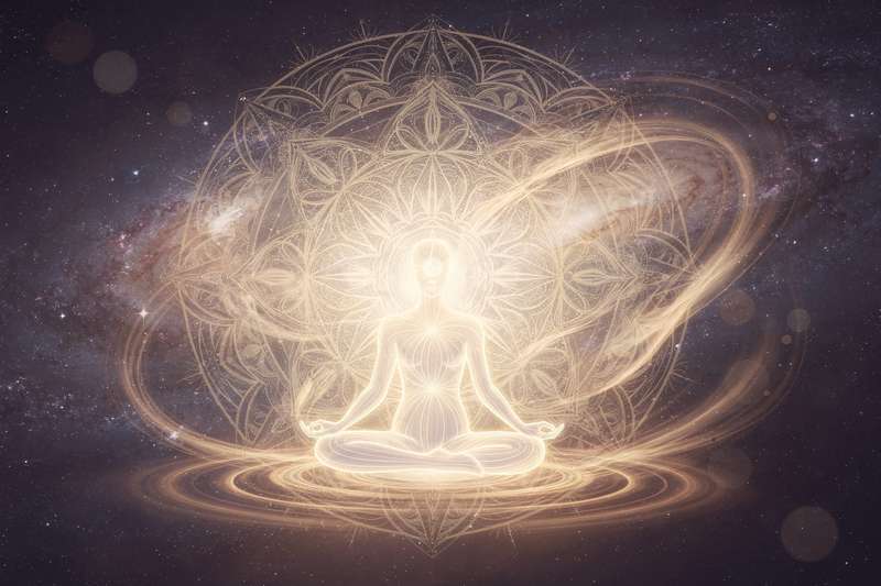Frau sitzt in meditativer Pose bei Sonnenuntergang und verbindet sich mit ihrer inneren Weisheit und spirituellen Führung.