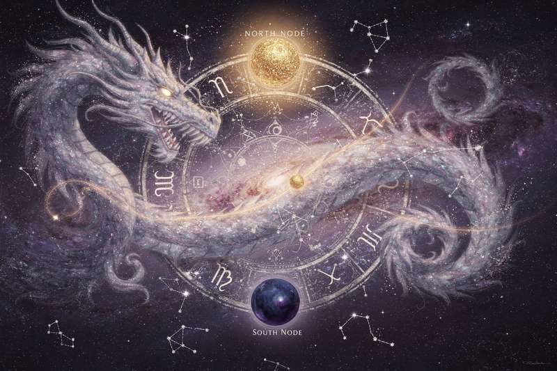 Astrologische Darstellung der Mondknoten als symbolische Punkte auf der Ekliptik, die karmische Lektionen und spirituelle...