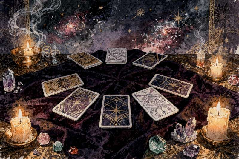 Tarotkarten liegen in einer Ausbreitungsmuster auf dunklem Untergrund zur spirituellen Selbstreflexion angeordnet.