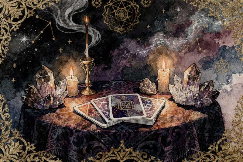 Tarotkarten werden in einem mystischen Arrangement auf dunkelblauem Hintergrund ausgelegt, um kosmische Energien für die...