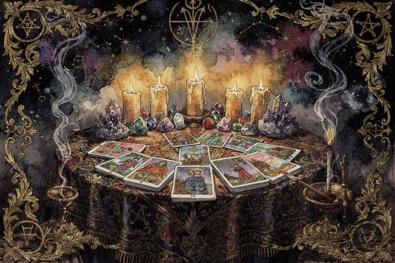 Zwei aufgefächerte Kartenstapel nebeneinander, links bunte Tarotkarten mit mystischen Symbolen, rechts kleinere...