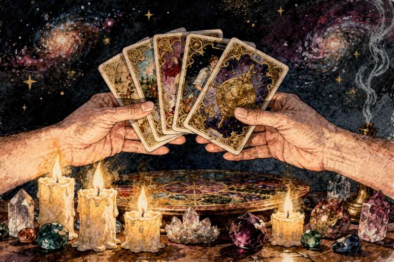 Anfängerin hält Tarotkarten in den Händen und deutet diese während einer Lerneinheit.
