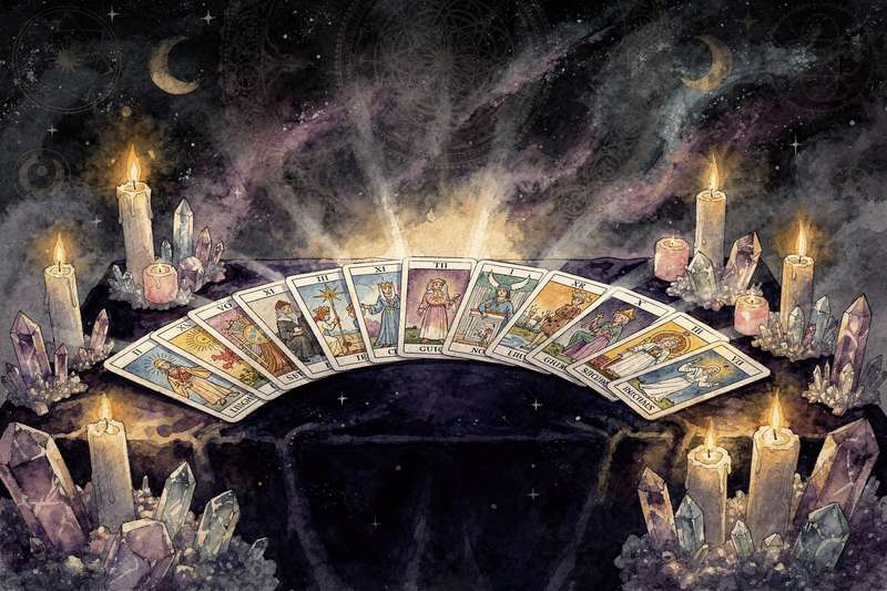 Drei Tarotkarten aus den Großen Arkana nebeneinander angeordnet für eine tägliche Wahrsagung und spirituelle Deutung.