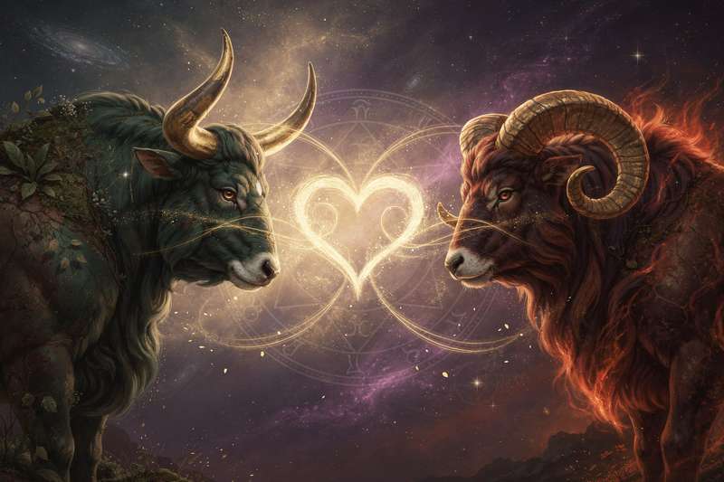 Astrologisches Horoskop zeigt die Liebeskompatibilität zwischen einem Stier-Mann und einer Widder-Frau mit ihren...