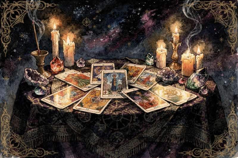 Tarotkarten auf einem dunklen Tuch arrangiert mit mystischen Symbolen und Motiven.