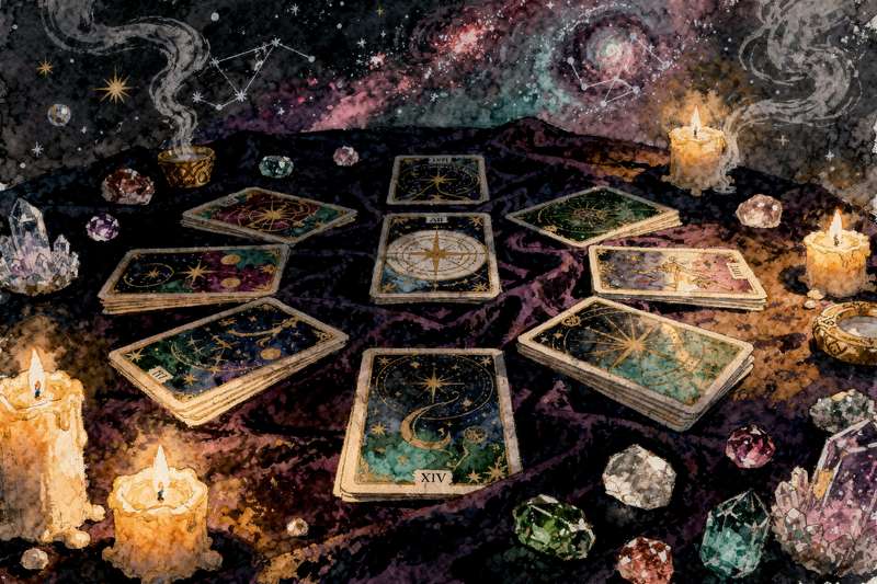 Tarotkarten in einer Kreisanordnung zur Deutung von Beziehungsdynamiken und emotionalen Verbindungen zwischen Partnern.