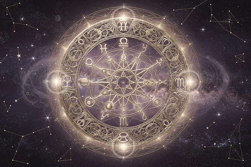 Astrologische Darstellung der Planetenbewegungen und kosmischen Energien für den Monat Mai mit symbolischen Elementen.