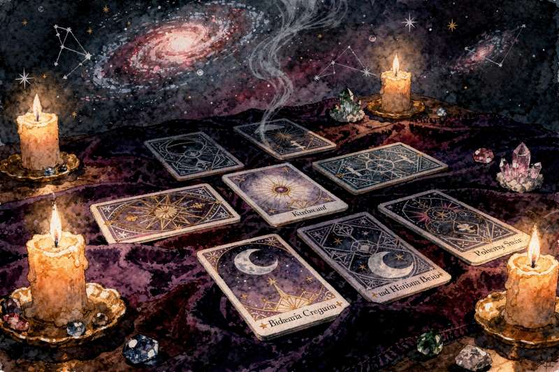 Tarotkarten in einem Ausbreitungsmuster angeordnet, die mit Dankbarkeit und Erntesegen verbunden sind.