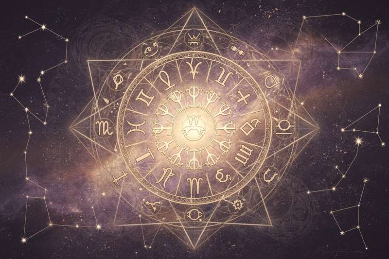 Astrologische Darstellung der Planetenbewegungen mit Jupiter im Zentrum, umgeben von Tierkreiszeichen zur Deutung romantischer...