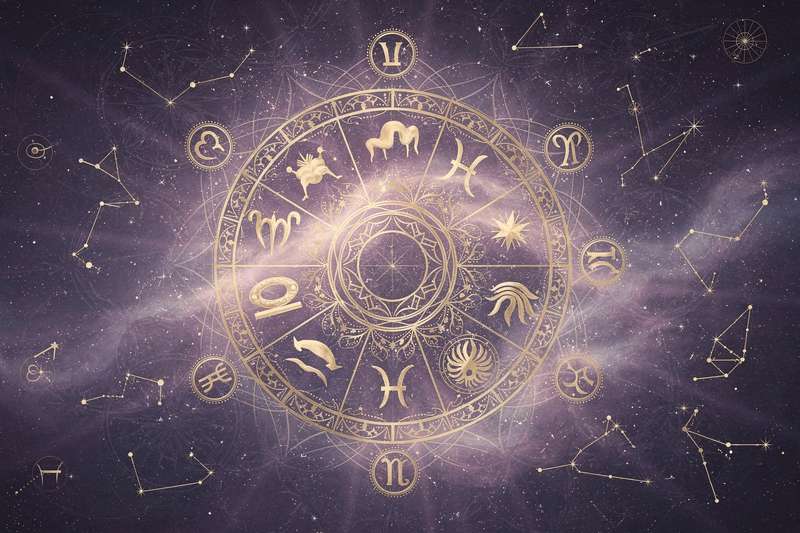 Astrologische Darstellung der zwölf Tierkreiszeichen im Kreis angeordnet mit kosmischem Hintergrund für das Tageshoroskop.