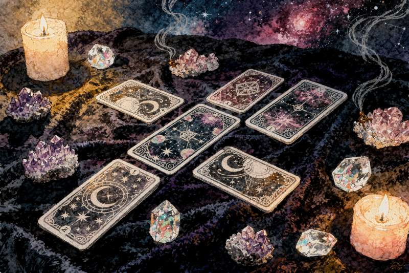 Tarotkarten werden in einem Legesystem zur Deutung von Energieveränderungen und spirituellen Verschiebungen angeordnet.
