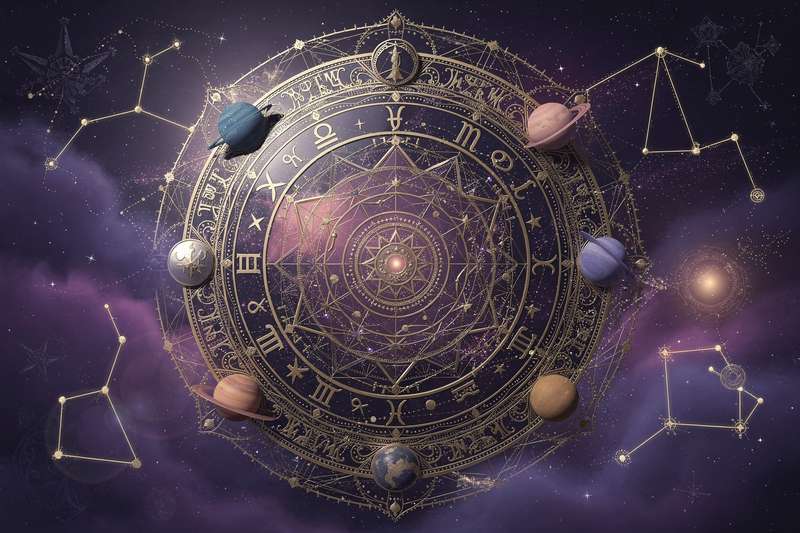 Kosmische Konstellationen und Planetenstellungen für den Monat Januar mit astrologischen Symbolen und Tierkreiszeichen.