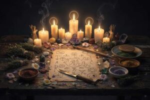 Brennende Kerzen und mystische Symbole auf einem dunklen Altar während einer rituellen Zeremonie zur Lichtweckung.