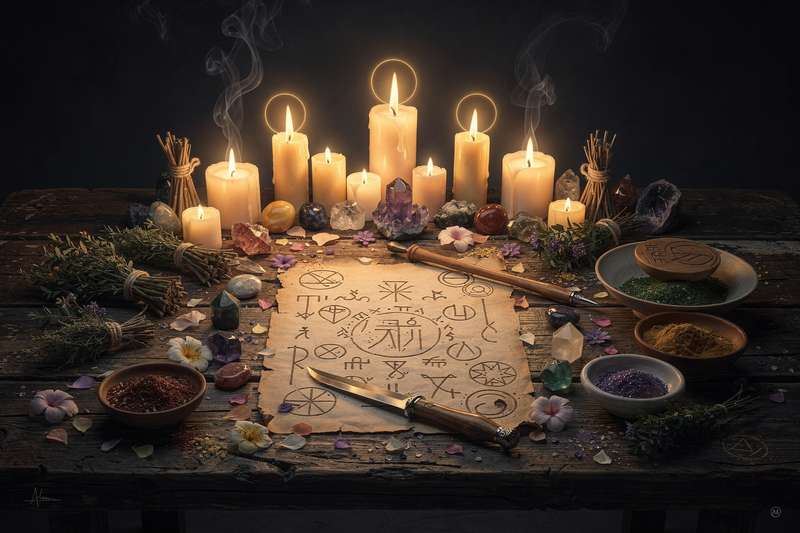 Brennende Kerzen und mystische Symbole auf einem dunklen Altar während einer rituellen Zeremonie zur Lichtweckung.