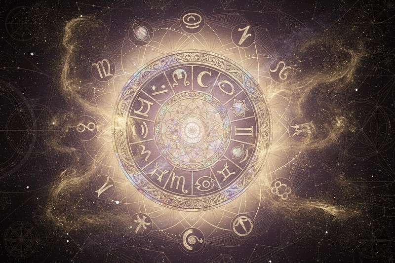 Astrologische Symbole und Planetenkonstellationen zeigen die kosmischen Einflüsse für den heutigen Tag.