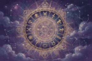 Widder-Sternzeichen mit typischen Symbolen und astrologischen Elementen in warmen Farbtönen dargestellt.