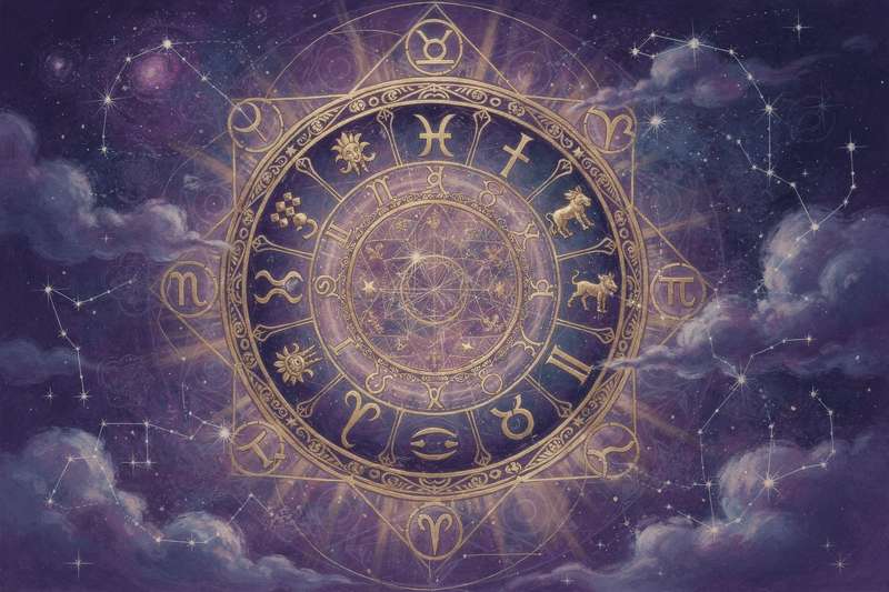 Widder-Sternzeichen mit typischen Symbolen und astrologischen Elementen in warmen Farbtönen dargestellt.