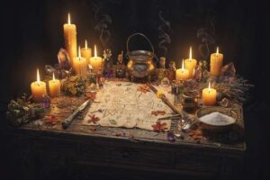 Glitzernde Kristalle und Kerzen auf einem Altar arrangiert für ein rituelles Gedenken an väterliche Energie und Verbundenheit.