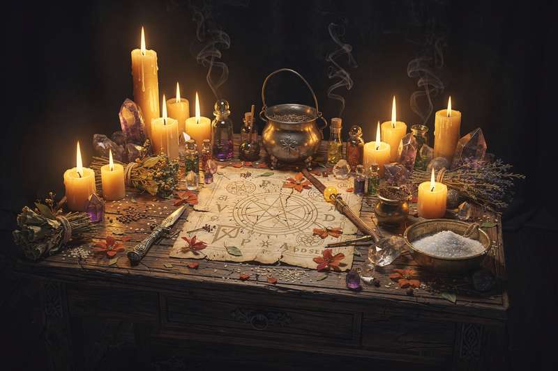 Glitzernde Kristalle und Kerzen auf einem Altar arrangiert für ein rituelles Gedenken an väterliche Energie und Verbundenheit.