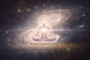 Energetische Darstellung der menschlichen Aura mit geometrischen Mustern, die die unsichtbaren Ebenen des Bewusstseins und der...