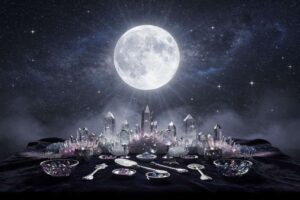 Vollmond in der Nacht über einem dunklen Wald mit reifen Beeren im Vordergrund, symbolisiert Fülle und natürliche Reifung.