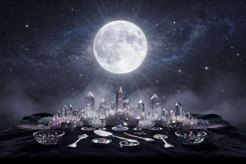 Vollmond in der Nacht über einem dunklen Wald mit reifen Beeren im Vordergrund, symbolisiert Fülle und natürliche Reifung.