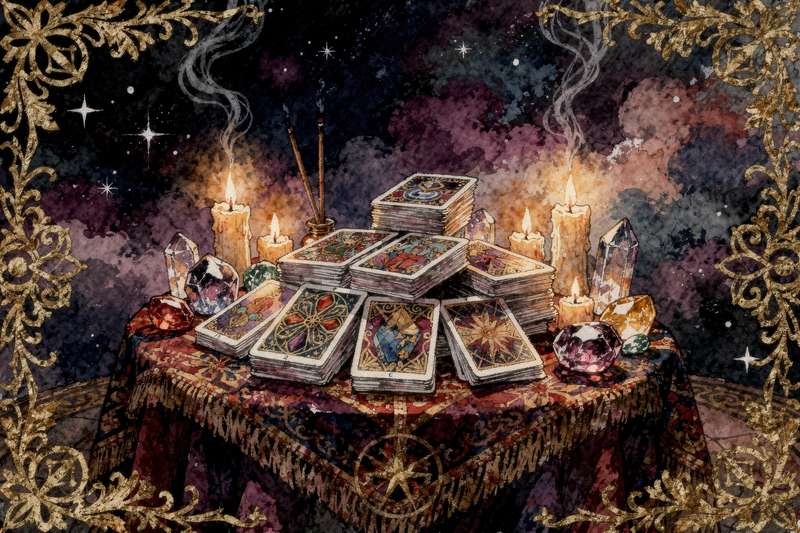 Aufgeschlagenes vintage Tarot-Deck mit handkolorierten Collagen-Illustrationen auf dunklem Hintergrund.