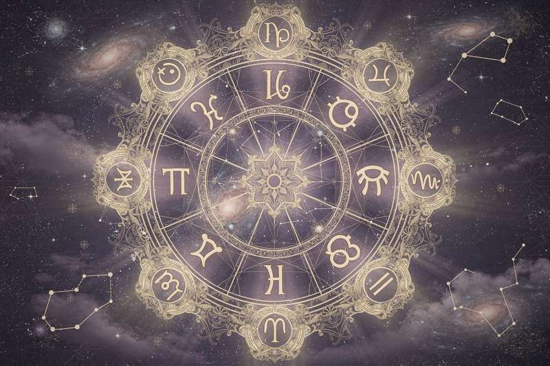Astrologische Symbole und Ayurveda-Elemente wie Doshas visualisieren die Verbindung zwischen kosmischen Einflüssen und der...