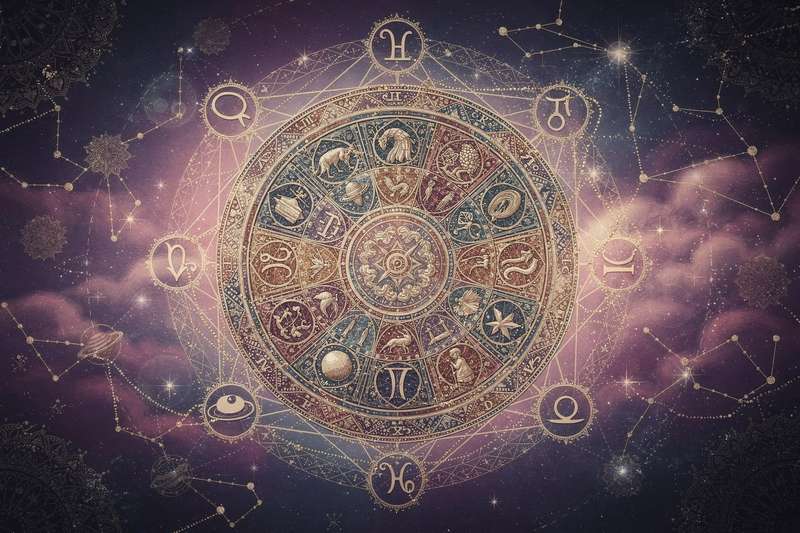 Astrologische Symbole und vedische Horoskopzeichen, die bei der Ehepartnersuche in der indischen Tradition verwendet werden.