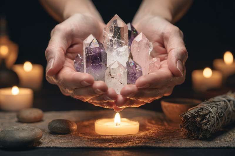 Verschiedene Heilkristalle und Mineralien in unterschiedlichen Farben und Formen zur energetischen Anwendung angeordnet.