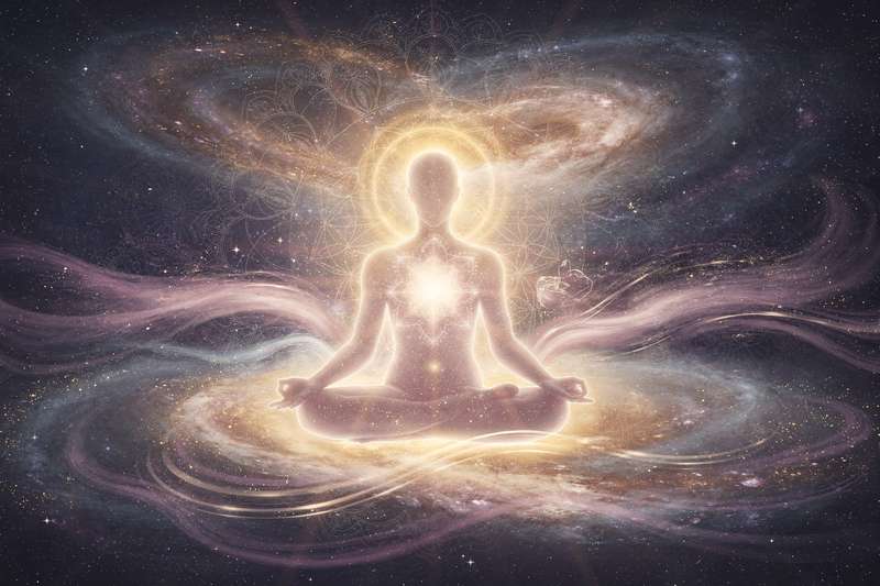 Frau sitzt meditierend in der Natur und strahlt innere Ruhe aus, während um sie herum Blüten und Licht symbolisieren, wie...