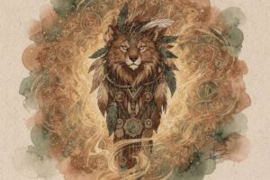 Mystische Darstellung verschiedener Geistführer und spiritueller Wesen, die um eine meditierend sitzende Person herum erscheinen.