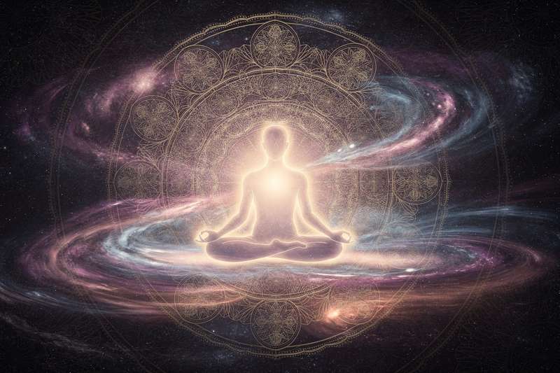 Person sitzt in friedlicher Meditationshaltung während um sie herum dunkle Wolken und Licht durchbrechen.